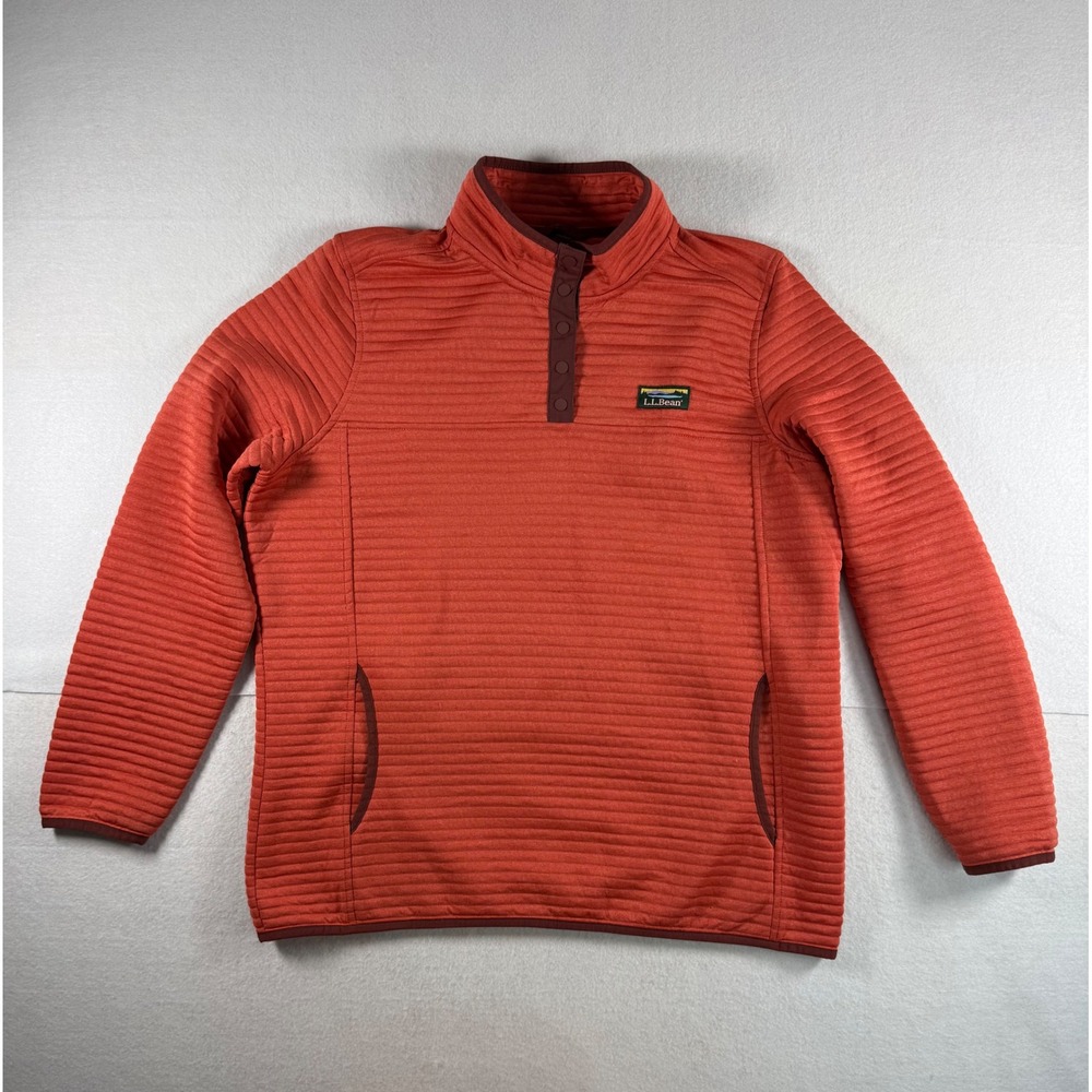 LL Bean Womens Quilted Quarter Snap Pullover Fleece Jacket Orange Large 506463